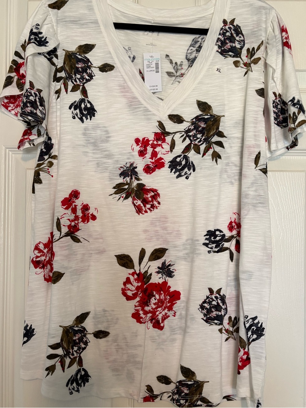 Maurices White V-Neck Tee with Red & Navy Floral Print